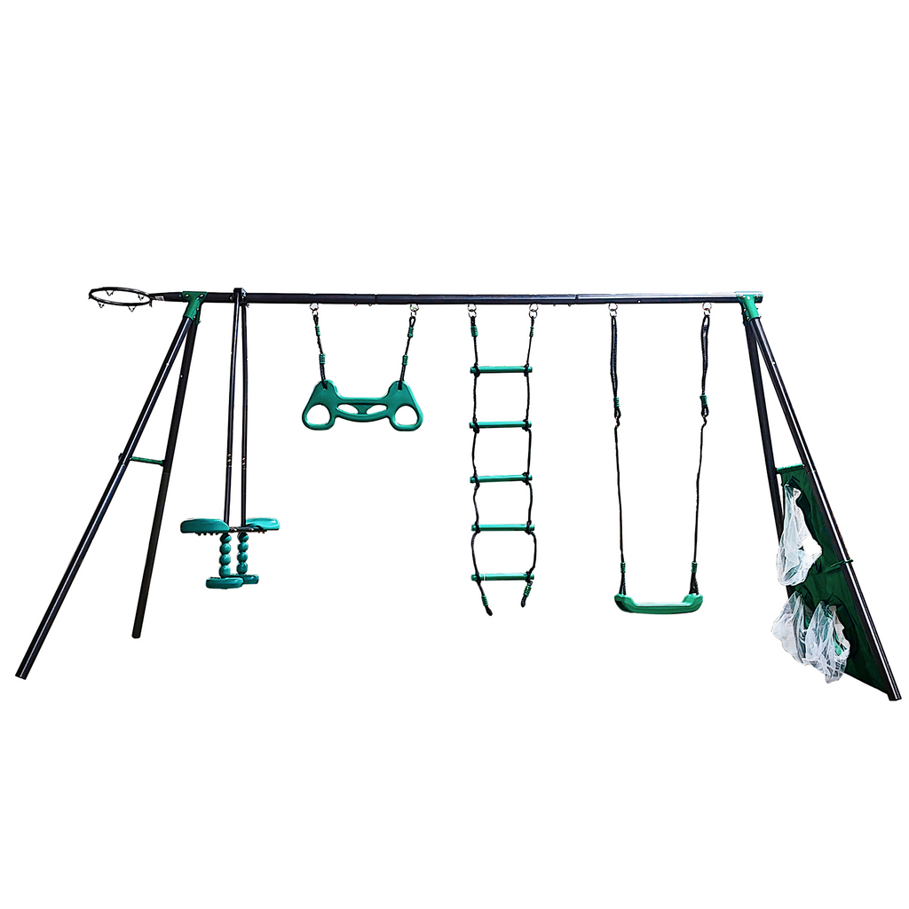 Mersco 6 in 1 Kids Metal Swing Seat for Backyard, Heavy-Duty Outdoor Playsets for Playground ,Outside Toys with Teeter-Totter,Climbing Net,Trapeze Bar,basketball hoop, soccer net for Aged 3+