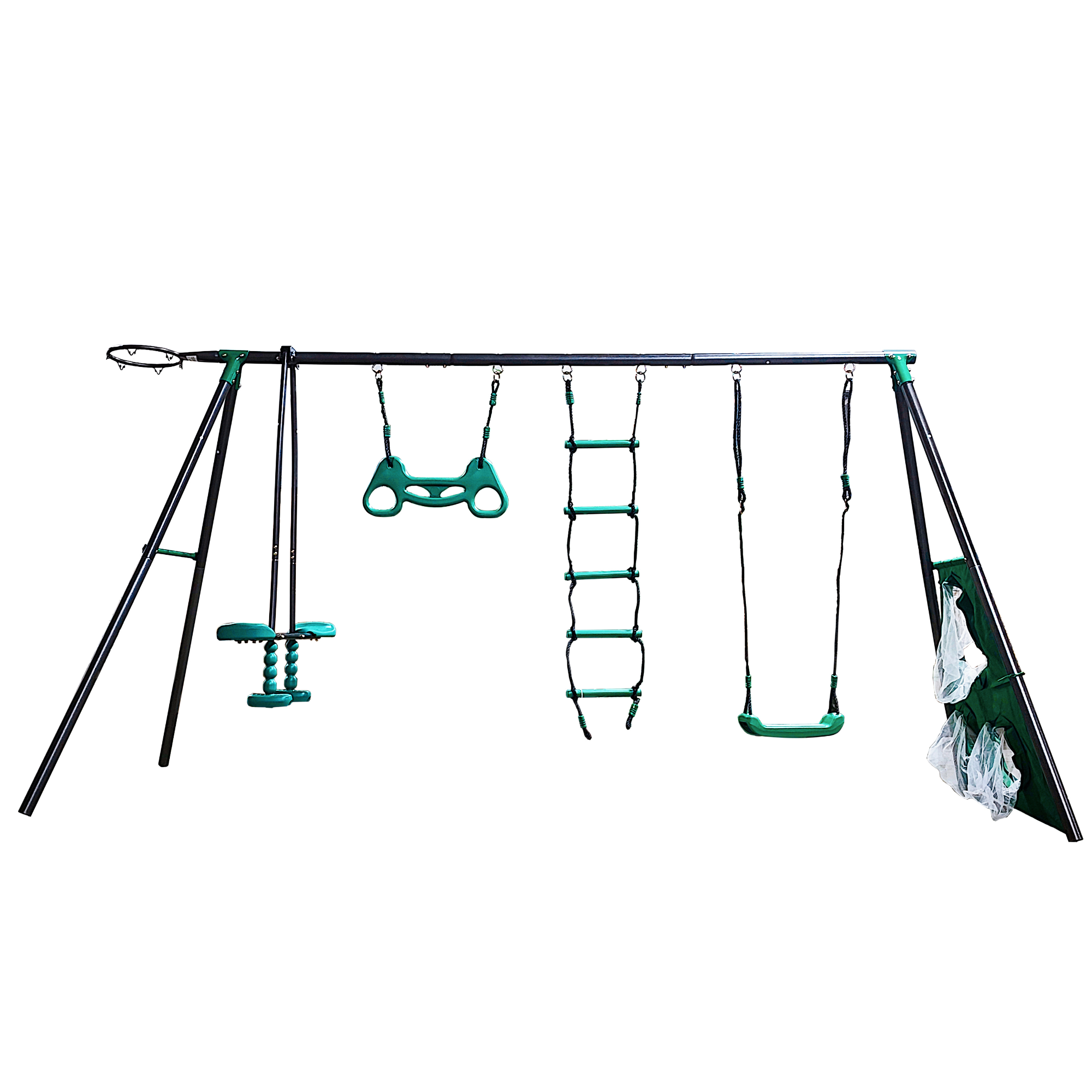 Mersco 6 in 1 Kids Metal Swing Seat for Backyard, Heavy-Duty Outdoor Playsets for Playground ,Outside Toys with Teeter-Totter,Climbing Net,Trapeze Bar,basketball hoop, soccer net for Aged 3+