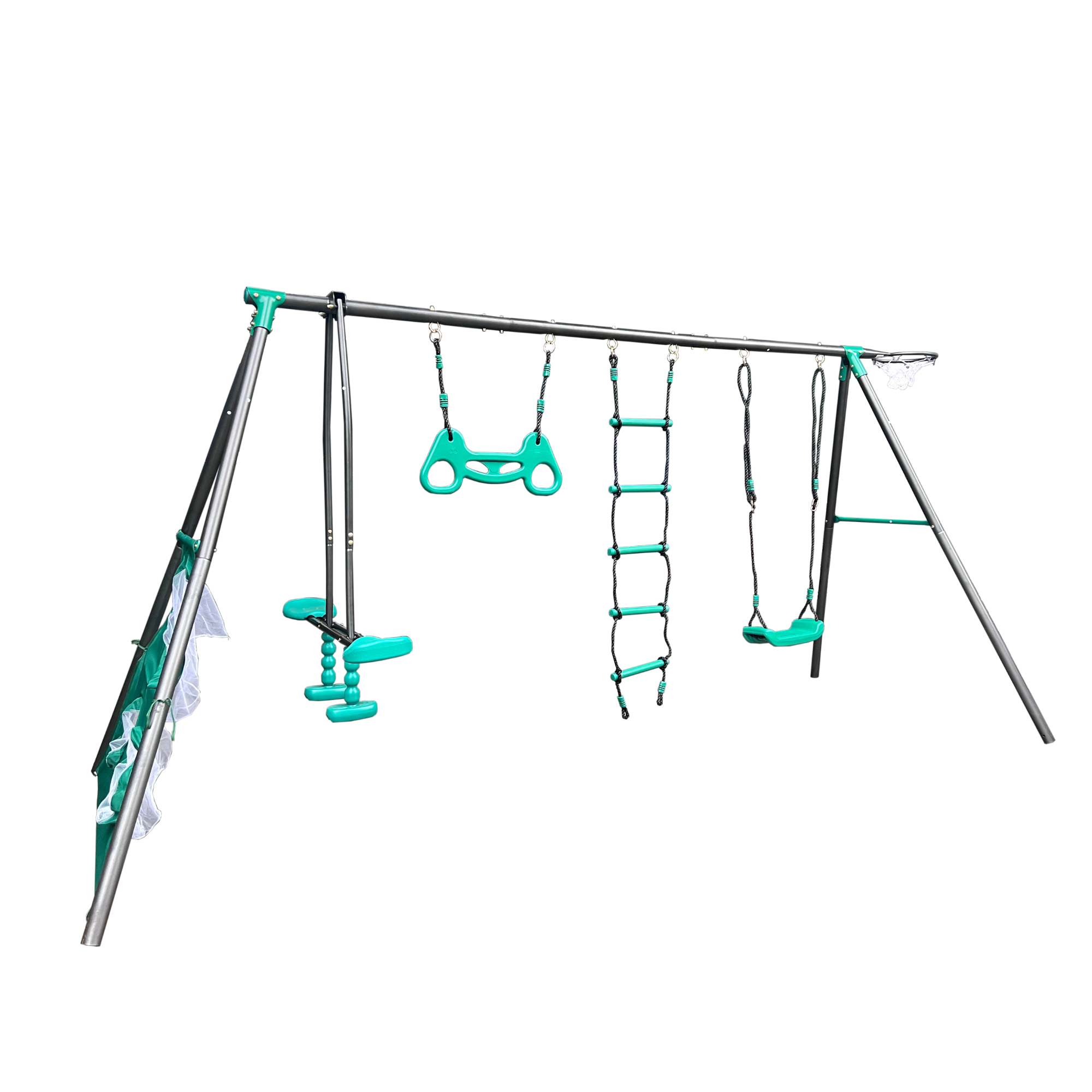 Mersco 6 in 1 Kids Metal Swing Seat for Backyard, Heavy-Duty Outdoor Playsets for Playground ,Outside Toys with Teeter-Totter,Climbing Net,Trapeze Bar,basketball hoop, soccer net for Aged 3+