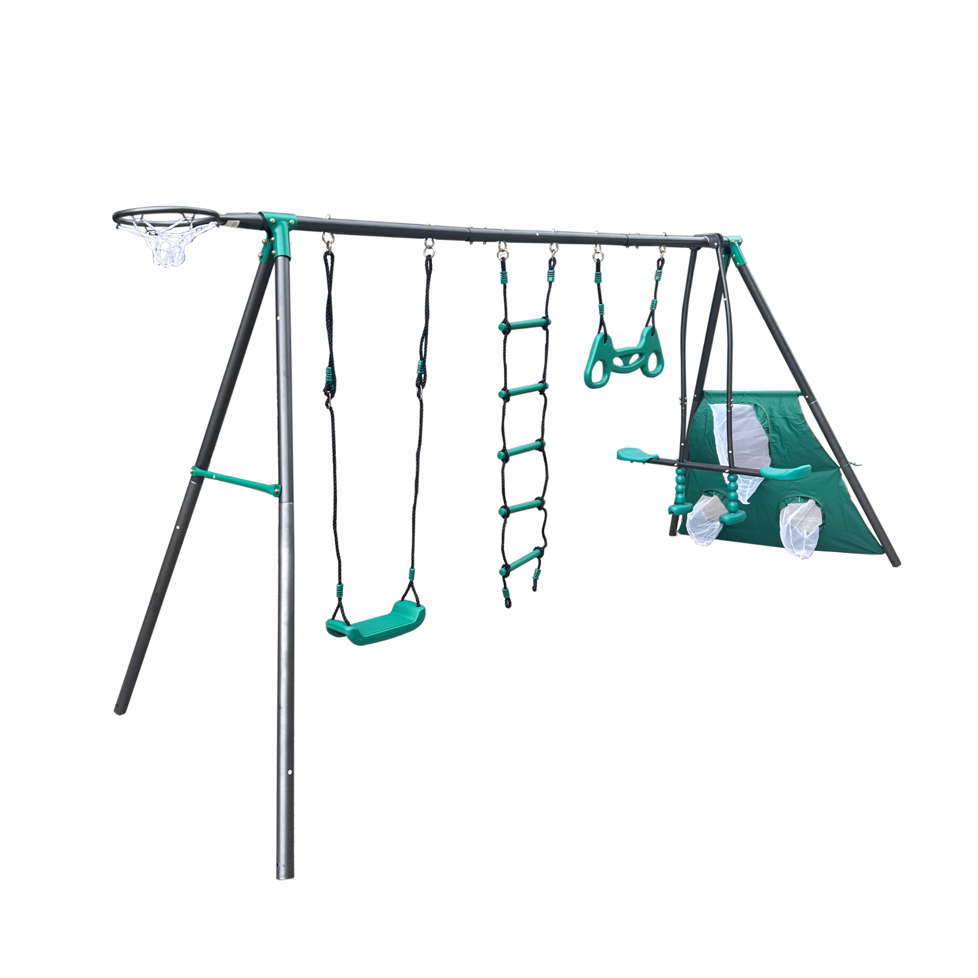 Mersco 6 in 1 Kids Metal Swing Seat for Backyard, Heavy-Duty Outdoor Playsets for Playground ,Outside Toys with Teeter-Totter,Climbing Net,Trapeze Bar,basketball hoop, soccer net for Aged 3+