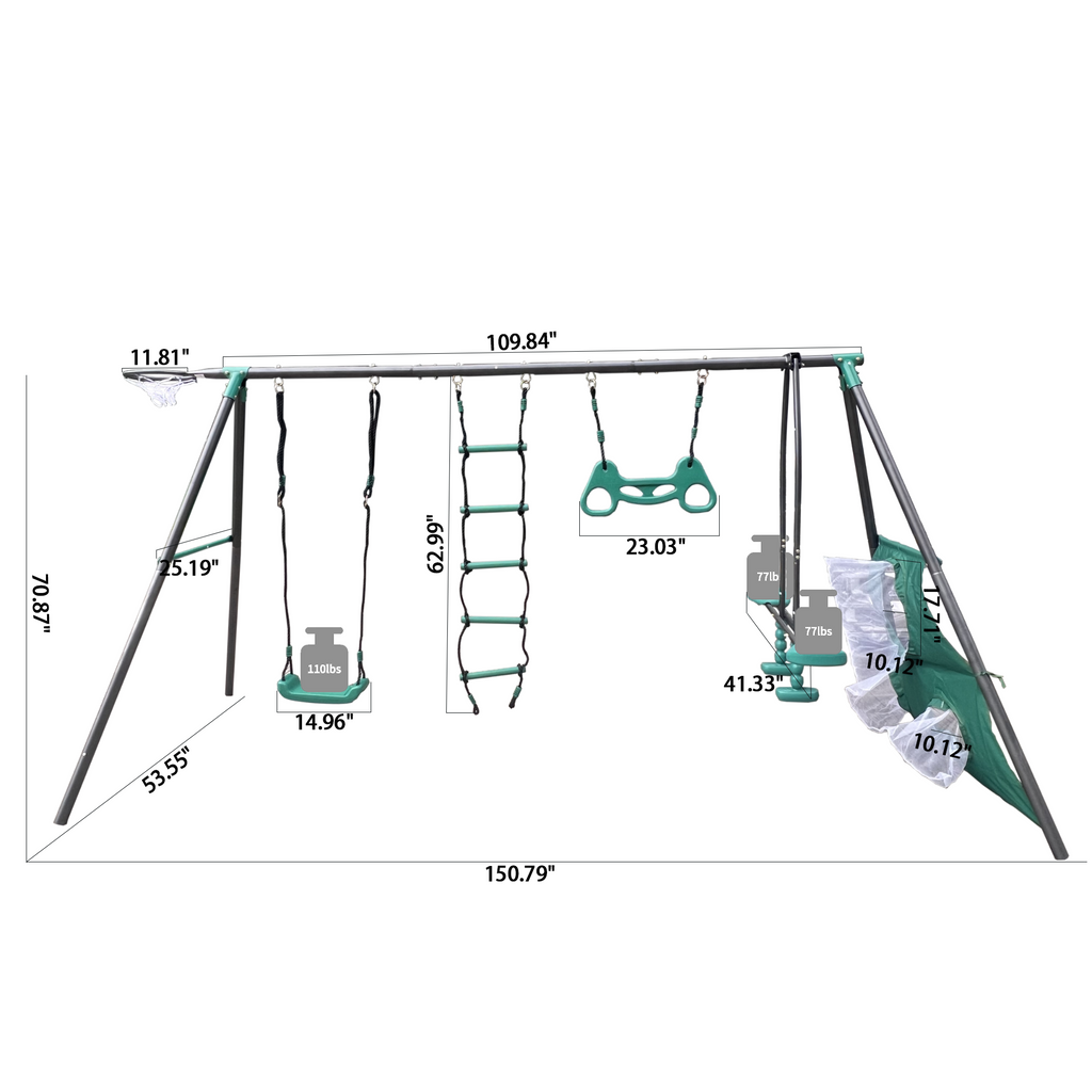 Mersco 6 in 1 Kids Metal Swing Seat for Backyard, Heavy-Duty Outdoor Playsets for Playground ,Outside Toys with Teeter-Totter,Climbing Net,Trapeze Bar,basketball hoop, soccer net for Aged 3+