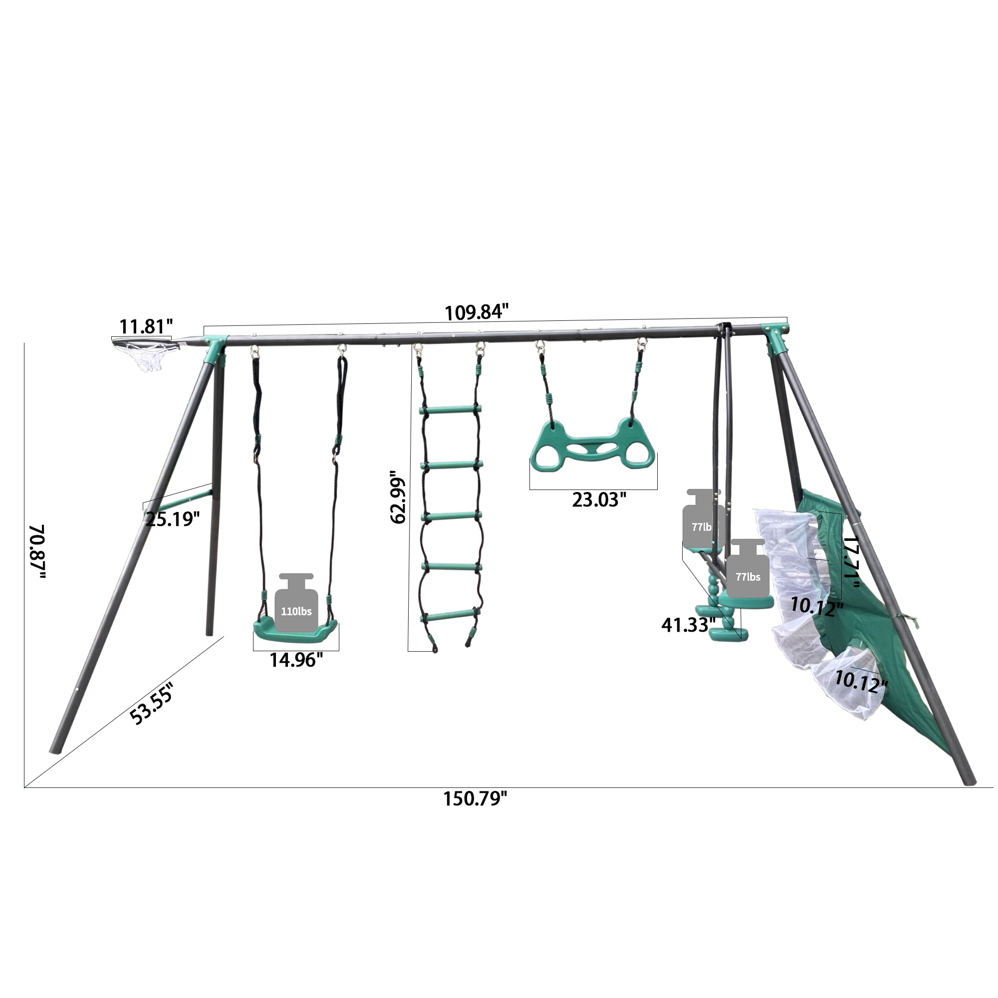Mersco 6 in 1 Kids Metal Swing Seat for Backyard, Heavy-Duty Outdoor Playsets for Playground ,Outside Toys with Teeter-Totter,Climbing Net,Trapeze Bar,basketball hoop, soccer net for Aged 3+