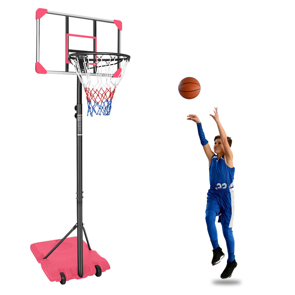 Mersco Portable Basketball Hoop5.6-7FT Height Adjustable System for Kids/Adults,Portable Basketball Goal with 28in Shatterproof Backboard Stable Base and Wheels for Outdoor/Indoor Sports, Pink