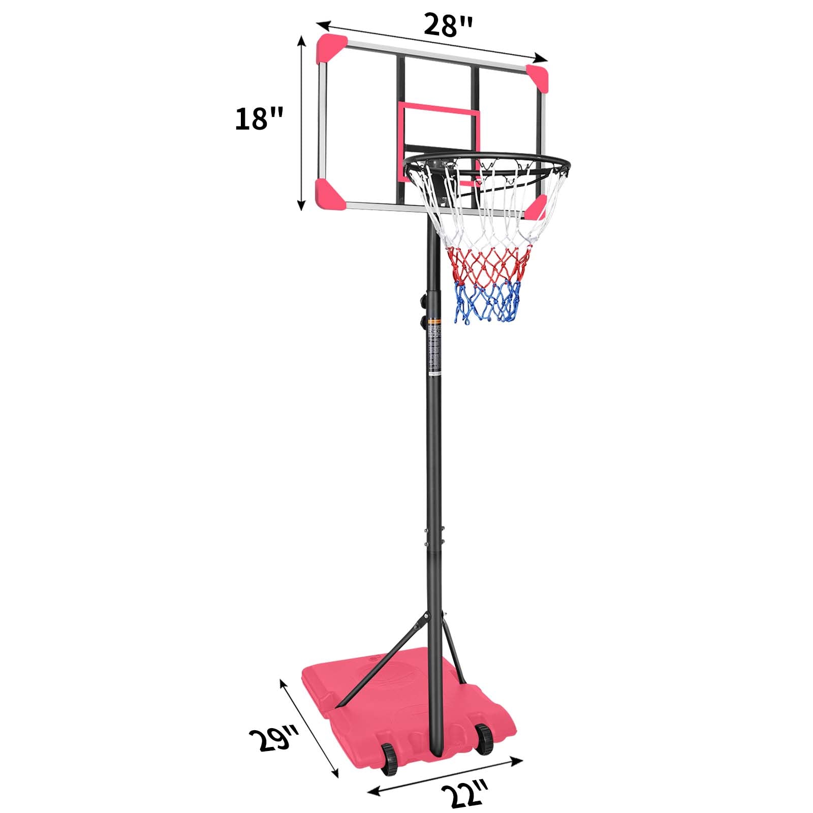 Mersco Portable Basketball Hoop5.6-7FT Height Adjustable System for Kids/Adults,Portable Basketball Goal with 28in Shatterproof Backboard Stable Base and Wheels for Outdoor/Indoor Sports, Pink
