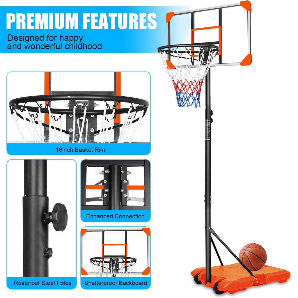 Mersco Portable Basketball Hoop5.6-7FT Height Adjustable System for Kids/Adults,Portable Basketball Goal with 28in Shatterproof Backboard Stable Base and Wheels for Outdoor/Indoor Sports, Orange