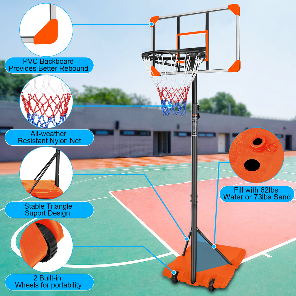 Mersco Portable Basketball Hoop5.6-7FT Height Adjustable System for Kids/Adults,Portable Basketball Goal with 28in Shatterproof Backboard Stable Base and Wheels for Outdoor/Indoor Sports, Orange