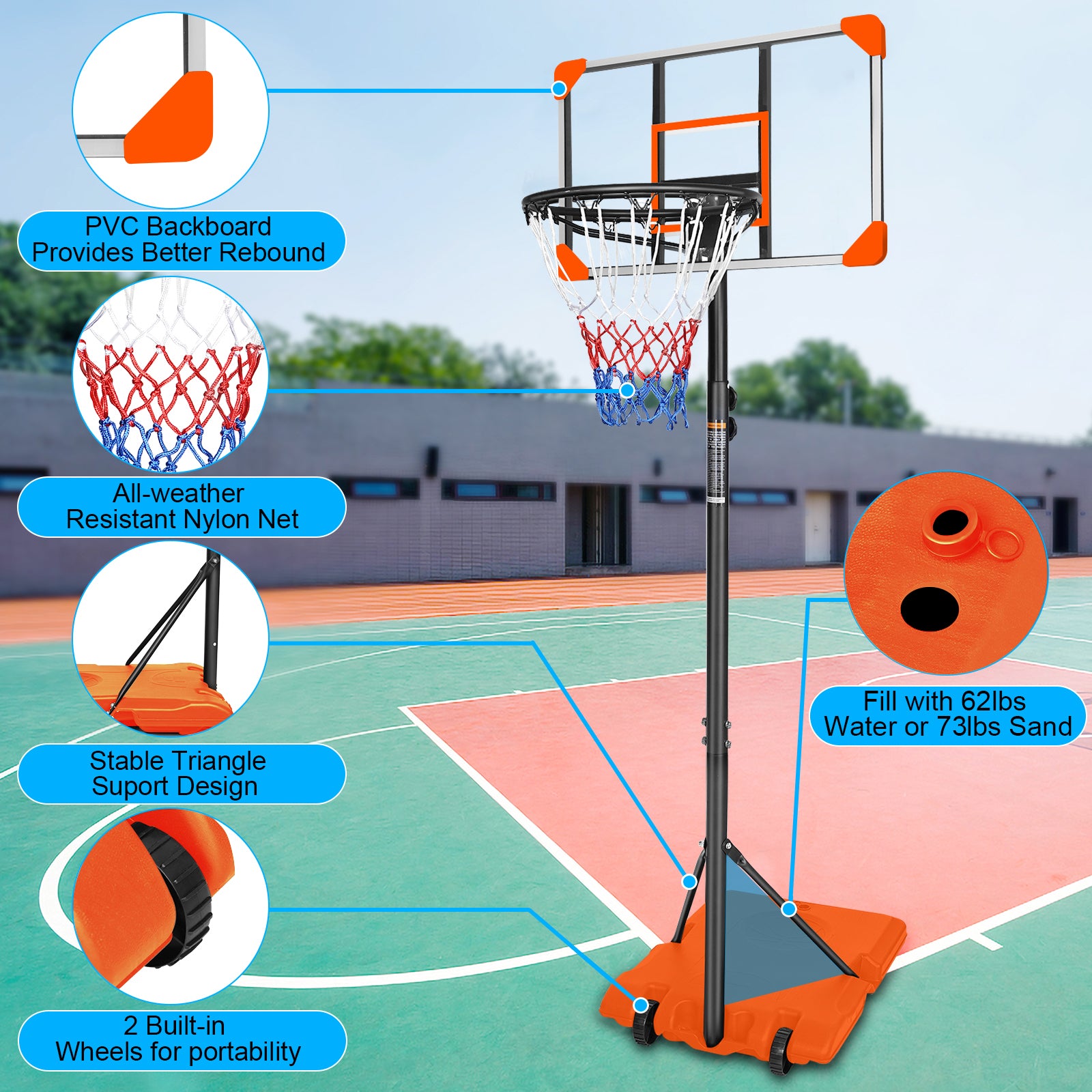 Mersco Portable Basketball Hoop5.6-7FT Height Adjustable System for Kids/Adults,Portable Basketball Goal with 28in Shatterproof Backboard Stable Base and Wheels for Outdoor/Indoor Sports, Orange