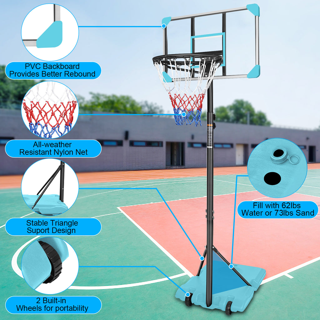 Mersco Portable Basketball Hoop5.6-7FT Height Adjustable System for Kids/Adults,Portable Basketball Goal with 28in Shatterproof Backboard Stable Base and Wheels for Outdoor/Indoor Sports, Blue