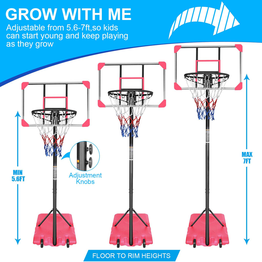 Mersco Portable Basketball Hoop5.6-7FT Height Adjustable System for Kids/Adults,Portable Basketball Goal with 28in Shatterproof Backboard Stable Base and Wheels for Outdoor/Indoor Sports, Pink