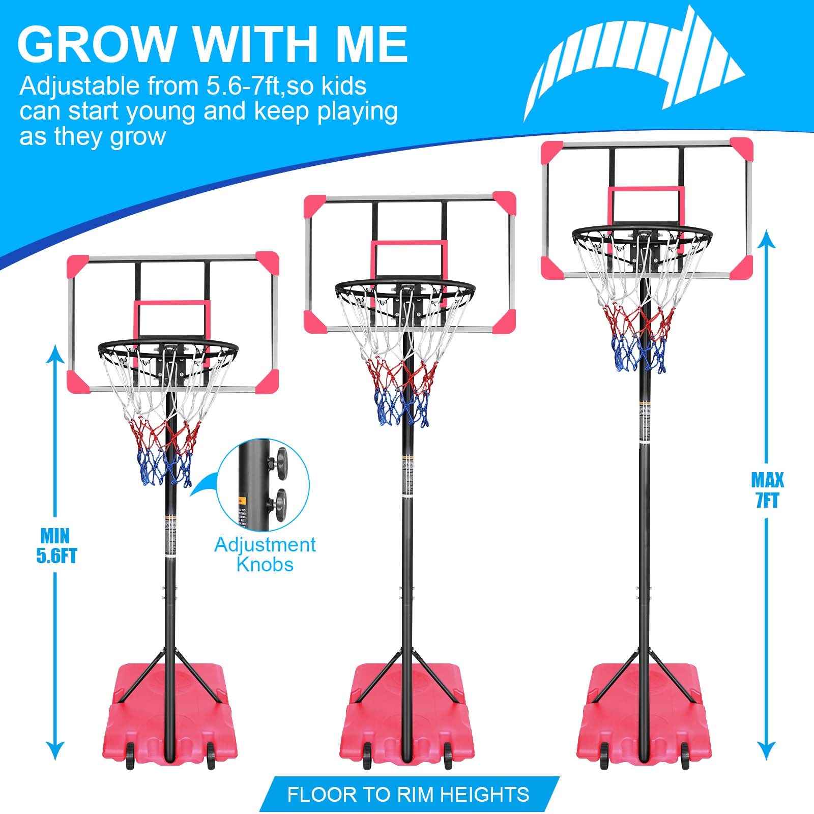 Mersco Portable Basketball Hoop5.6-7FT Height Adjustable System for Kids/Adults,Portable Basketball Goal with 28in Shatterproof Backboard Stable Base and Wheels for Outdoor/Indoor Sports, Pink