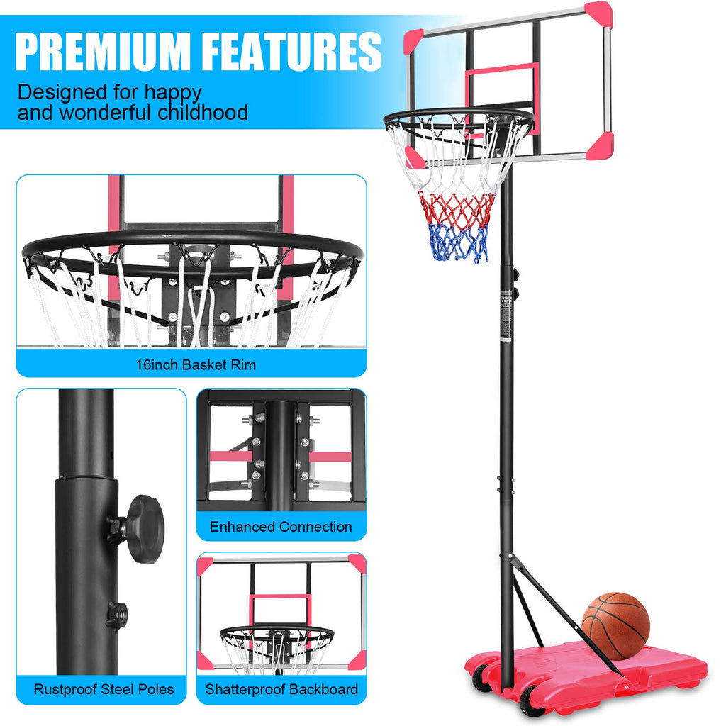 Mersco Portable Basketball Hoop5.6-7FT Height Adjustable System for Kids/Adults,Portable Basketball Goal with 28in Shatterproof Backboard Stable Base and Wheels for Outdoor/Indoor Sports, Pink