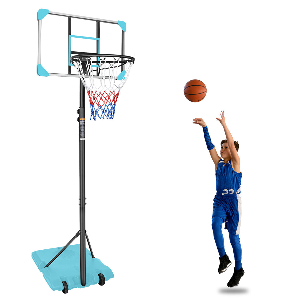 Mersco Portable Basketball Hoop5.6-7FT Height Adjustable System for Kids/Adults,Portable Basketball Goal with 28in Shatterproof Backboard Stable Base and Wheels for Outdoor/Indoor Sports, Blue