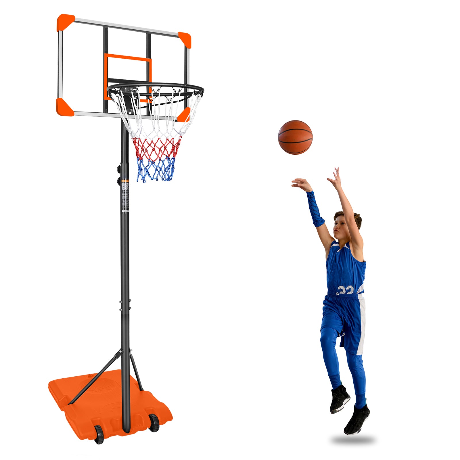 Mersco Portable Basketball Hoop5.6-7FT Height Adjustable System for Kids/Adults,Portable Basketball Goal with 28in Shatterproof Backboard Stable Base and Wheels for Outdoor/Indoor Sports, Orange