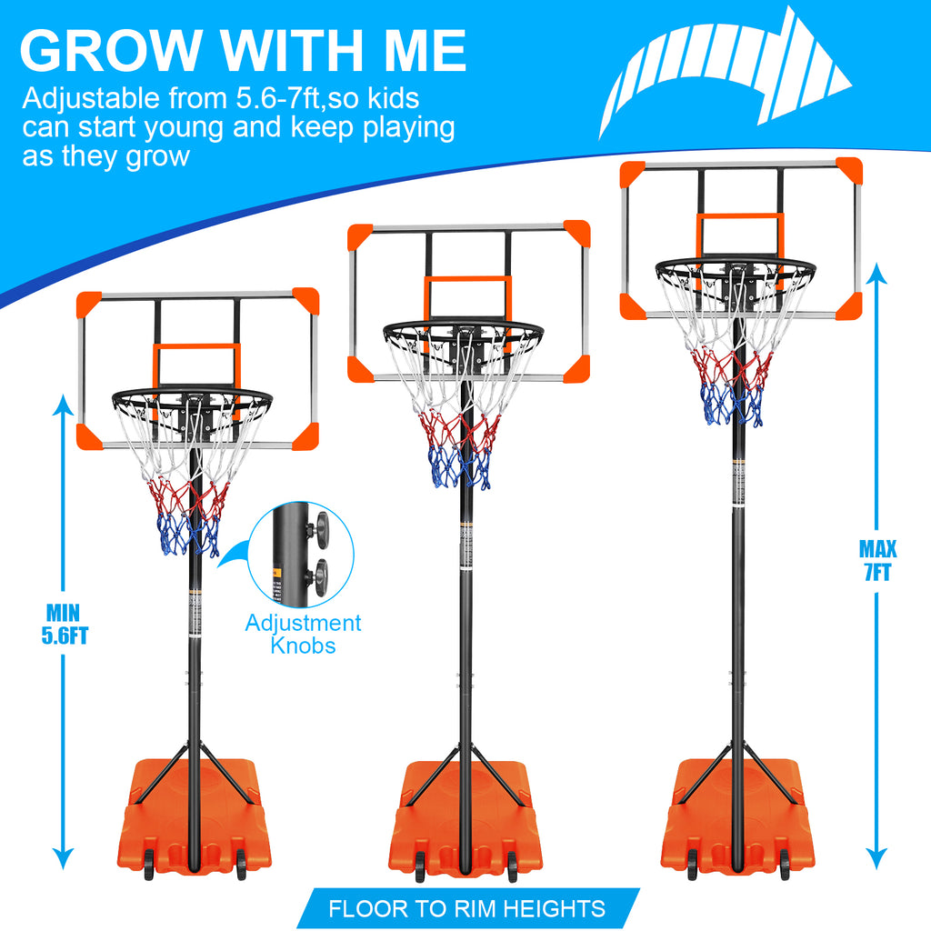 Mersco Portable Basketball Hoop5.6-7FT Height Adjustable System for Kids/Adults,Portable Basketball Goal with 28in Shatterproof Backboard Stable Base and Wheels for Outdoor/Indoor Sports, Orange