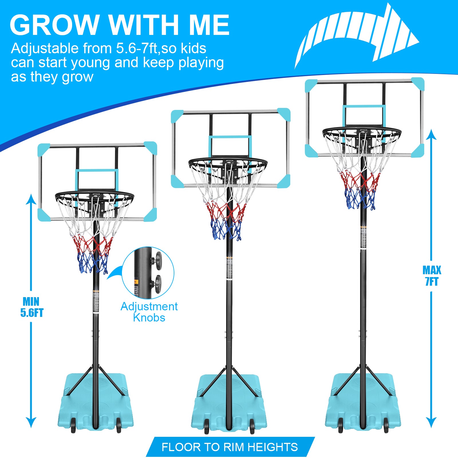 Mersco Portable Basketball Hoop5.6-7FT Height Adjustable System for Kids/Adults,Portable Basketball Goal with 28in Shatterproof Backboard Stable Base and Wheels for Outdoor/Indoor Sports, Blue