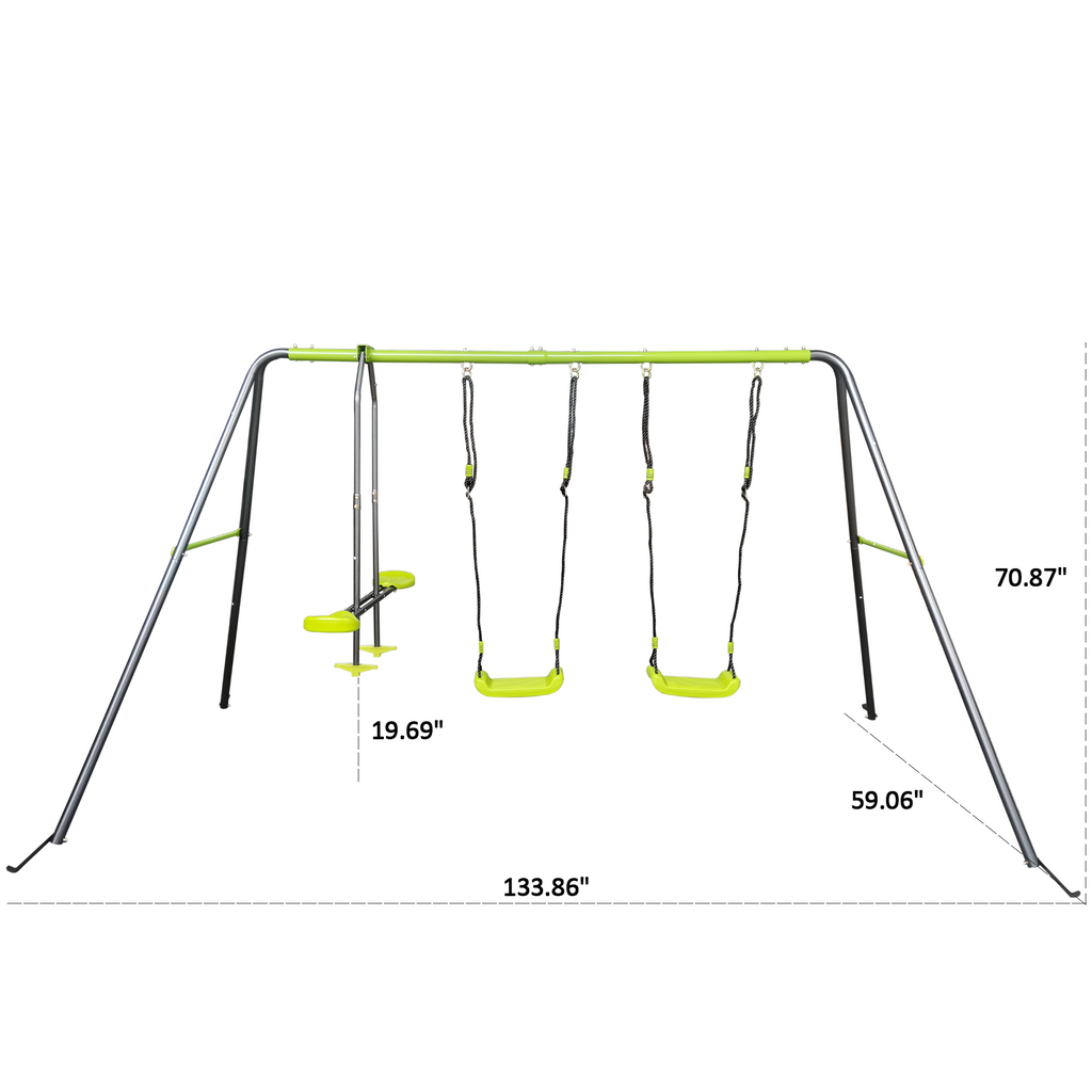 Mersco 3 in 1 Kids Metal Swing Seat for Backyard, Heavy-Duty Outdoor Playsets for Playground ,Outside Toys with Teeter-Totter and Two swing for Aged 3+,Green
