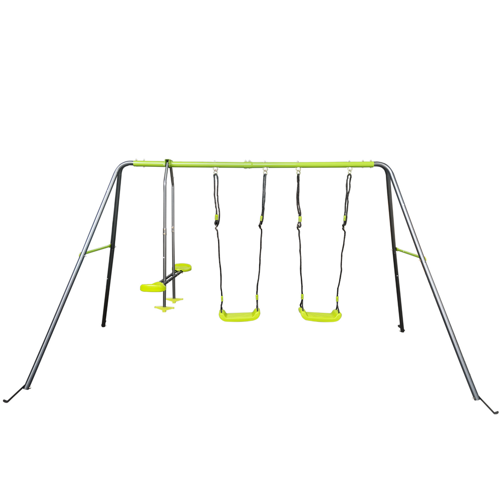 Mersco 3 in 1 Kids Metal Swing Seat for Backyard, Heavy-Duty Outdoor Playsets for Playground ,Outside Toys with Teeter-Totter and Two swing for Aged 3+,Green