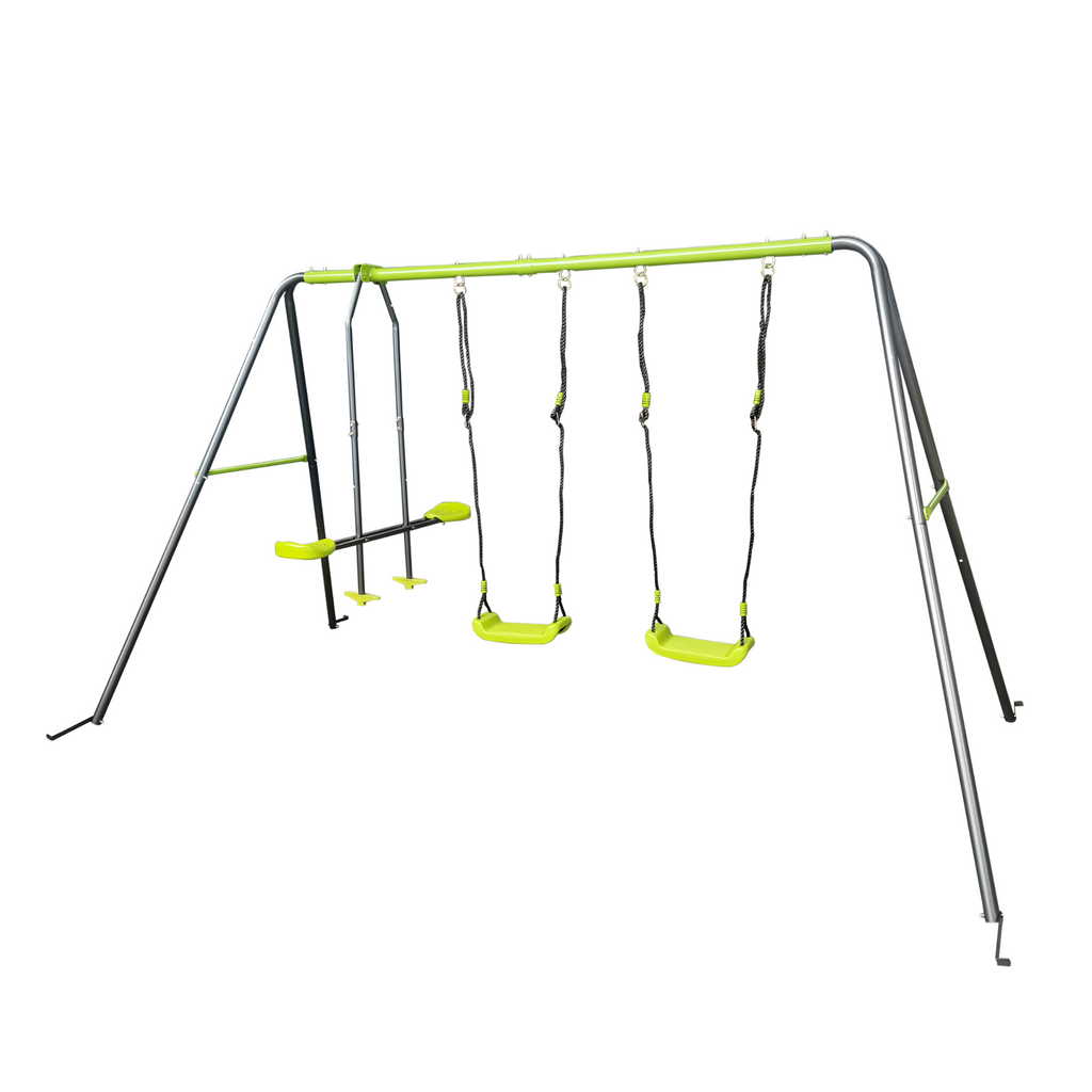 Mersco 3 in 1 Kids Metal Swing Seat for Backyard, Heavy-Duty Outdoor Playsets for Playground ,Outside Toys with Teeter-Totter and Two swing for Aged 3+,Green