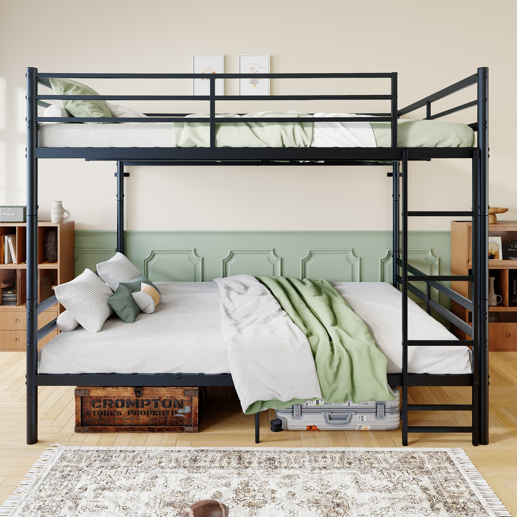 Kdymod Queen over Queen Metal Bunk Bed with Storage, Converts to 2 Separate Beds, Heavy-Duty & Space-Saving Bed Frame with Built-in Ladder & Safety Guardrail, Black