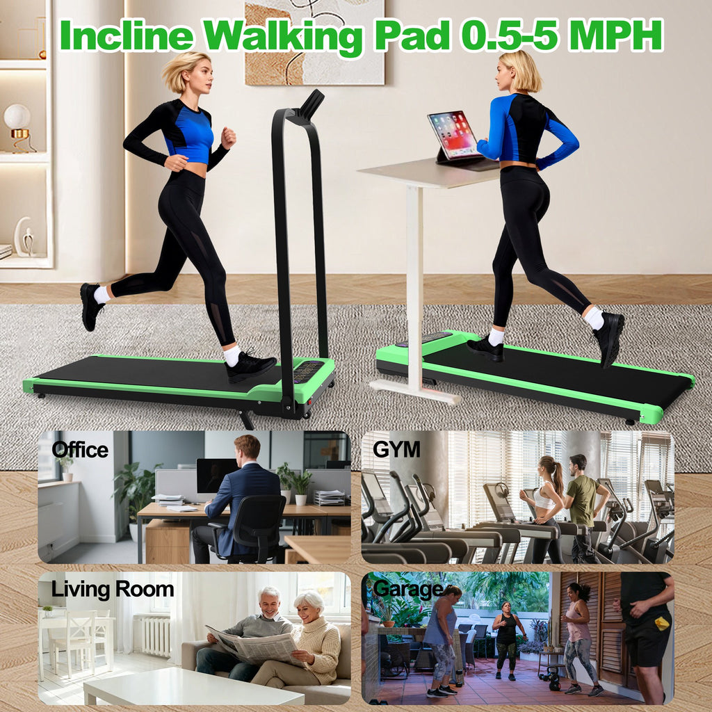 Kdymod Foldable Treadmill with Vibration Function,2 in 1 Walking Treadmill with Handle Bar & Incline,Under Desk Walking Pad with LED Display & Remote,300 Lbs Capacity,Green