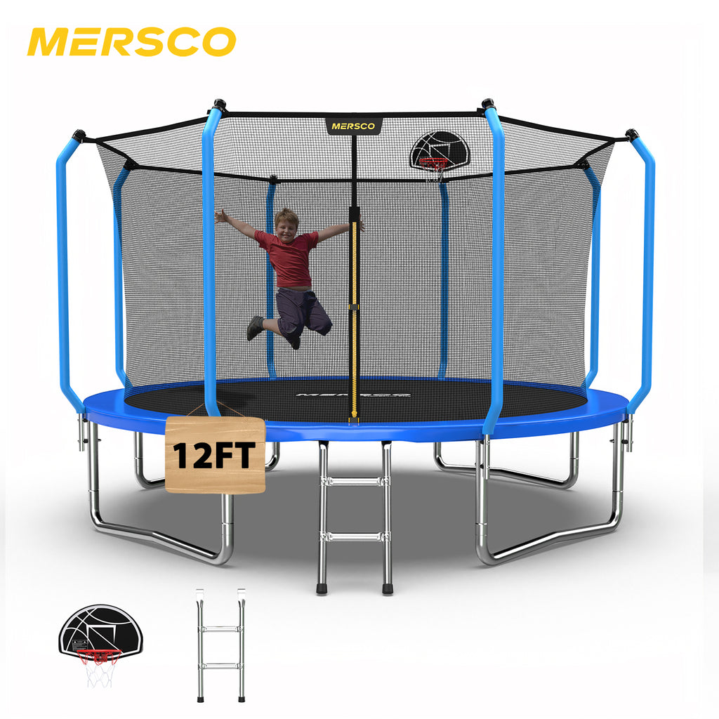 Mersco 12ft Trampoline for Kids and Adults,No-Gap Design Outdoor Trampoline with Basketball Hoop,Enclosure Net and Ladder,Jumping Trampoline SUPER for Boys and Girls Birthday Gift,Blue