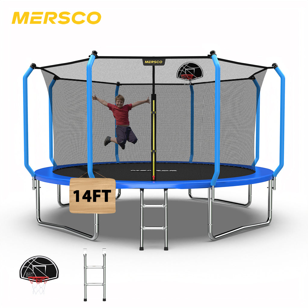 Mersco 14ft Trampoline for Kids and Adults,No-Gap Design Outdoor Trampoline with Basketball Hoop,Enclosure Net and Ladder,Jumping Trampoline SUPER for Boys and Girls Birthday Gift,Blue