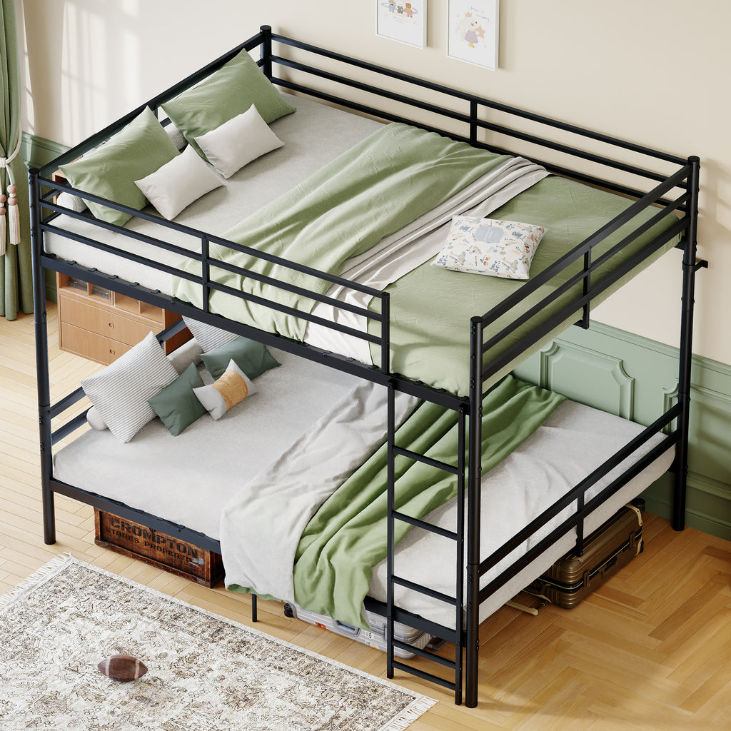 Kdymod Queen over Queen Metal Bunk Bed with Storage, Converts to 2 Separate Beds, Heavy-Duty & Space-Saving Bed Frame with Built-in Ladder & Safety Guardrail, Black