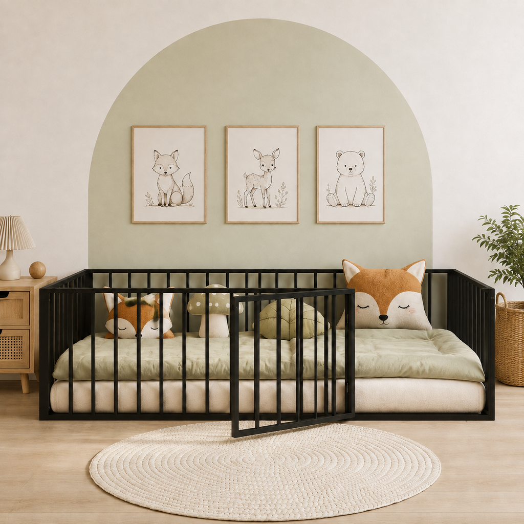 Kdymod Twin Size Montessori Floor Bed for Toddler with Safety Guardrail & Door, Low-to-Floor Metal Bed Frame, Easy Assembly, Safe Play-Sleep Zone, No Box Spring Needed, Black
