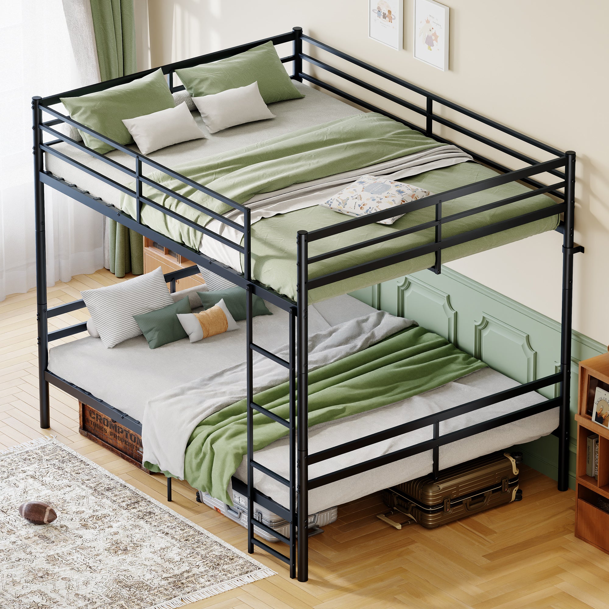 Kdymod Queen over Queen Metal Bunk Bed with Storage, Converts to 2 Separate Beds, Heavy-Duty & Space-Saving Bed Frame with Built-in Ladder & Safety Guardrail, Black