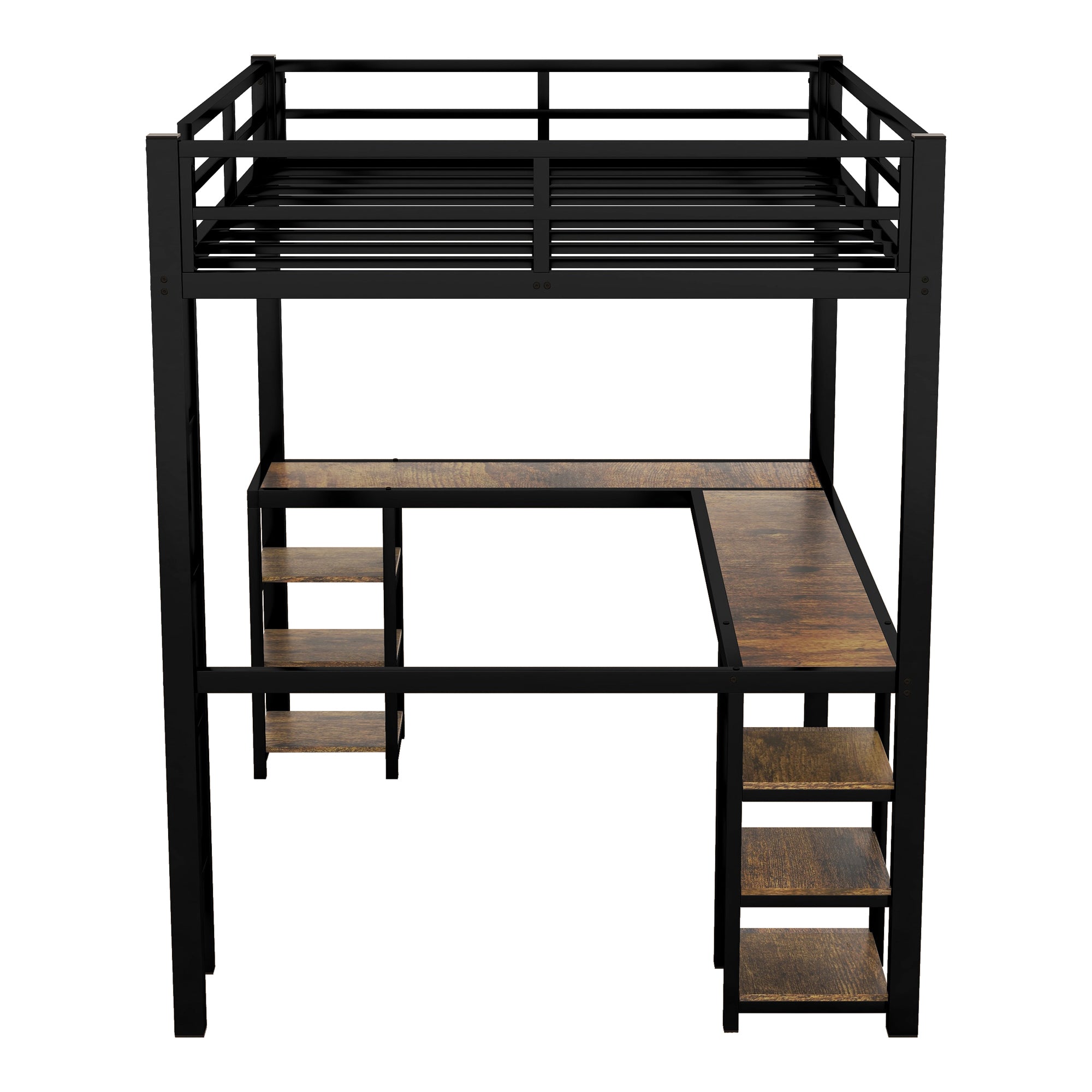 Uiowio Full XL Metal Loft Bed with L-Shaped Desk Underneath & 6 Shelves & Storage, Space-Saving Bed Frame with Built-in Ladder & Safety Guardrail, for Teens