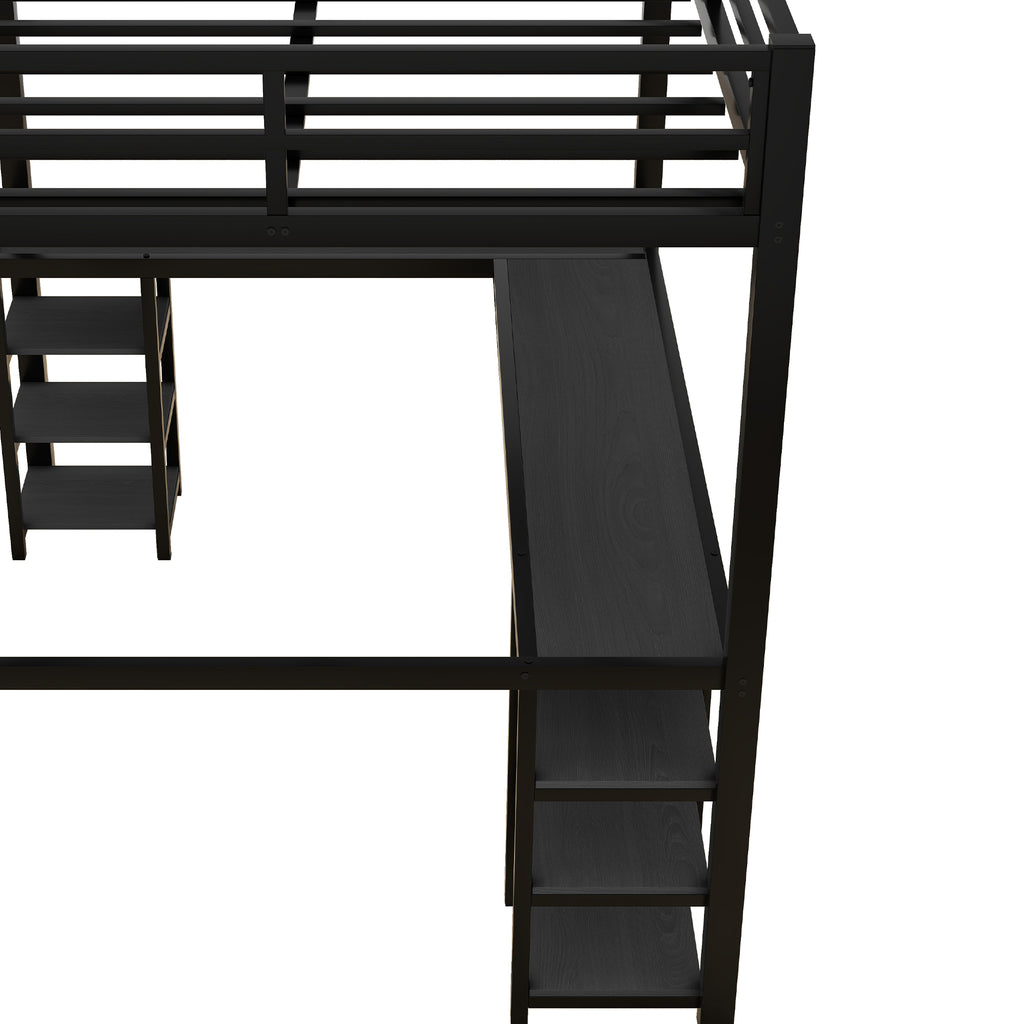 Uiowio Full Metal Loft Bed with L-Shaped Desk Underneath & 6 Shelves & Storage, Space-Saving Bed Frame with Built-in Ladder & Safety Guardrail, for Teens