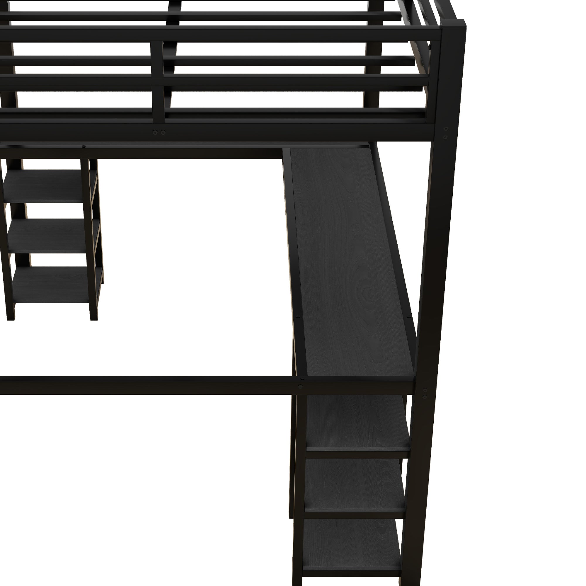 Uiowio Full Metal Loft Bed with L-Shaped Desk Underneath & 6 Shelves & Storage, Space-Saving Bed Frame with Built-in Ladder & Safety Guardrail, for Teens