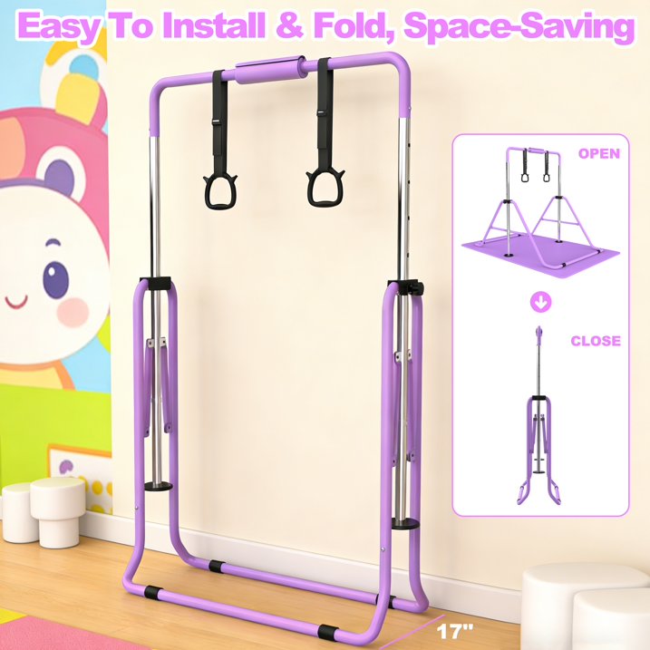 Kdymod Gymnastics Bar for Kid,Adjustable Height Kids Gymnastics Bar with Mat,Foldable Horizontal Junior Gymnastics Equipment Bar for Home Gym,Purple