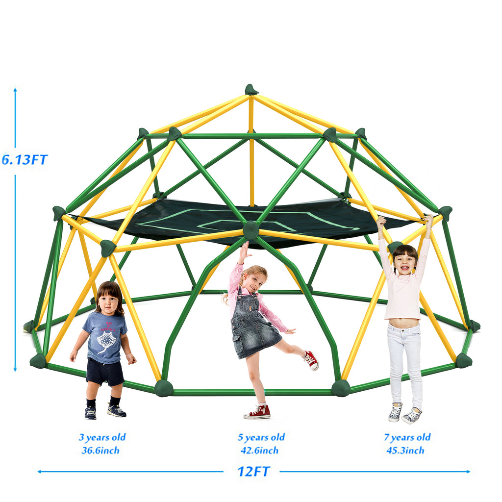 Kdymod 12FT Climbing Dome for Kids with Hammock,Geometric Dome Climber Jungle Gym Supports 1000 LBS, Outdoor Backyard Play for Kids 3-10 Years Old, Easy Assembly with Climbing Grips