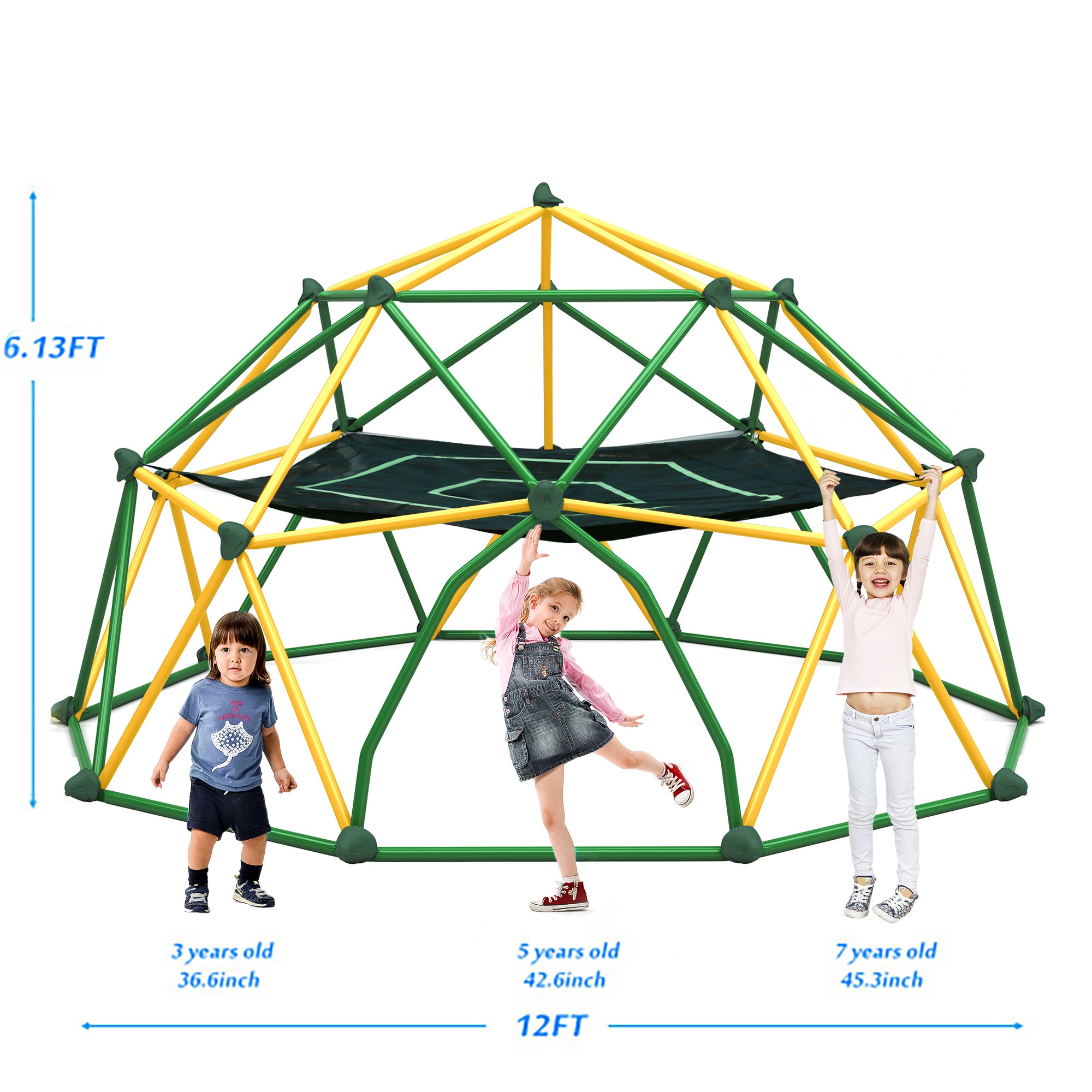Kdymod 12FT Climbing Dome for Kids with Hammock,Geometric Dome Climber Jungle Gym Supports 1000 LBS, Outdoor Backyard Play for Kids 3-10 Years Old, Easy Assembly with Climbing Grips