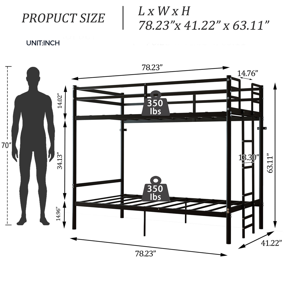 Kdymod Twin over Twin Metal Bunk Bed with Storage, Ladder & Safety Guardrail, Space-Saving Heavy Duty Bed Frame for Adults & Teens, No Box Spring Needed, Black