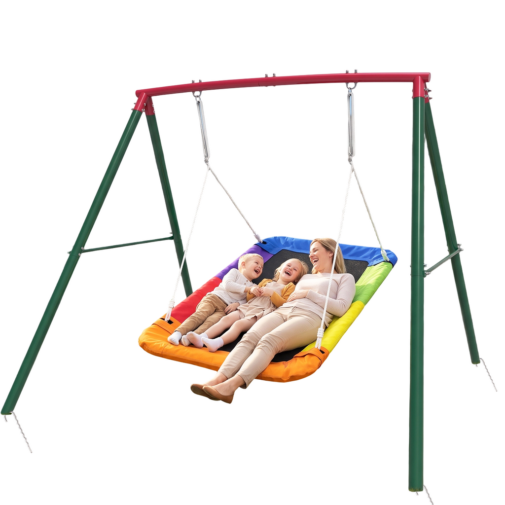 Kdymod 60 Inch Rectangular Platform Swing Set, PP + 900D Oxford Cushion, Metal A-Frame Swing for Backyard, 440 Lbs Capacity, Adjustable Ropes & Ground Nails, Green
