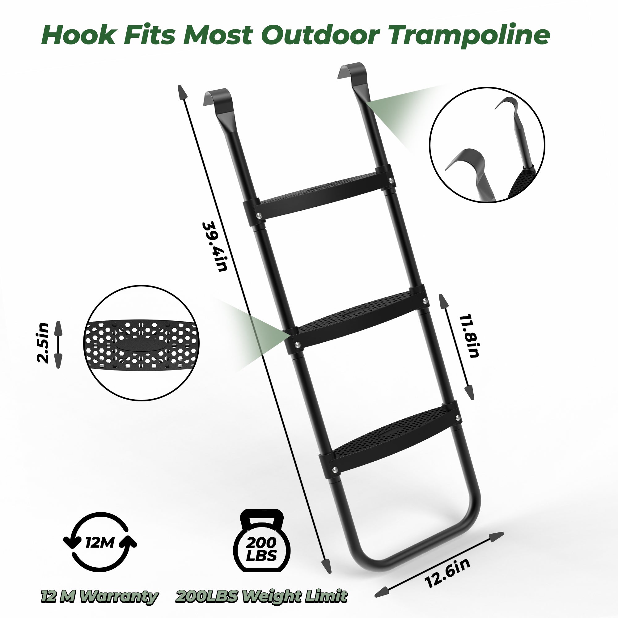 Mersco Weather Resistant Galvanized Steel 3 Step Trampoline Ladder with Wide Skid-Proof Steps Trampoline Climbing Trampoline Safety Ladder with Anti-Slip for Kids,Essential Trampoline Accessories
