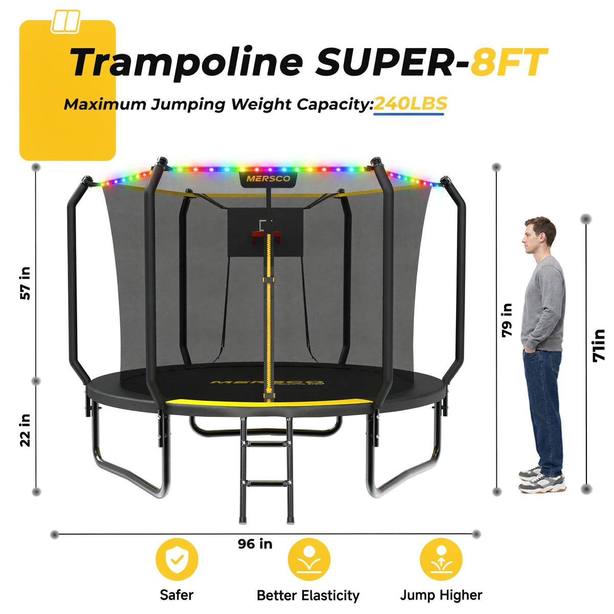 Mersco 8FT Kids Trampoline with Solar LED Lights & Basketball Hoop, ASTM Certified Heavy Duty Outdoor Trampoline with Enclosure Net and Ladder for Backyard Family Fun, Jumping Trampoline SUPER