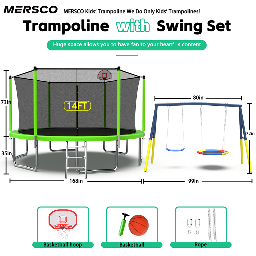 Mersco 14FT Heavy Duty Trampoline with Enclosure Net ,Swing Set Outdoor Big Trampoline for Backyard,Kids Trampoline with Basketball Hoop,Birthday and Holiday Gifts for Kids,Green
