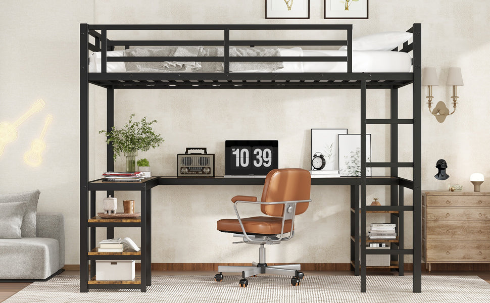 Uiowio Twin XL Metal Loft Bed with L-Shaped Desk Underneath & 6 Shelves & Storage, Space-Saving Bed Frame with Built-in Ladder & Safety Guardrail, for Teens