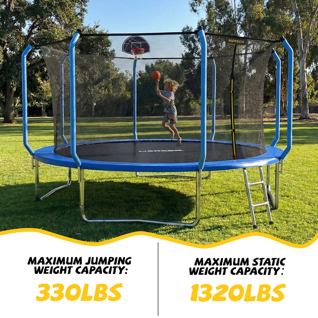 Mersco 14ft Trampoline for Kids and Adults,No-Gap Design Outdoor Trampoline with Basketball Hoop,Enclosure Net and Ladder,Jumping Trampoline SUPER for Boys and Girls Birthday Gift,Blue