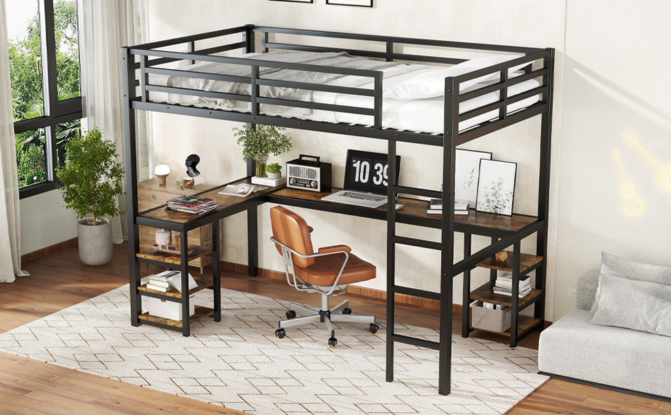 Uiowio Twin XL Metal Loft Bed with L-Shaped Desk Underneath & 6 Shelves & Storage, Space-Saving Bed Frame with Built-in Ladder & Safety Guardrail, for Teens