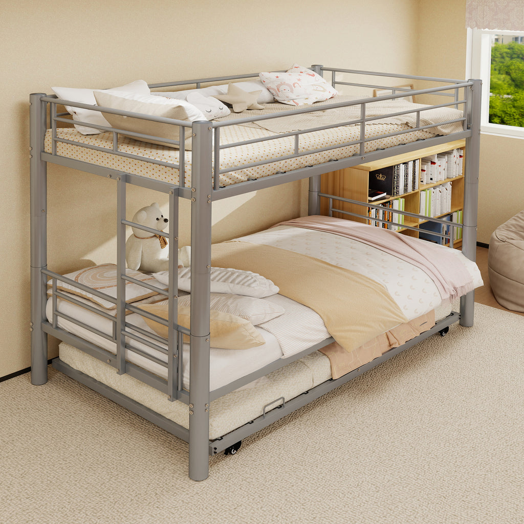 Kdymod Triple Bunk Bed Twin over Twin with Trundle, Convertible Metal Bunk Bed Frame with Ladder & Safety Guardrail, Space-Saving for Teens and Adults, Bedroom Dorm, Silver