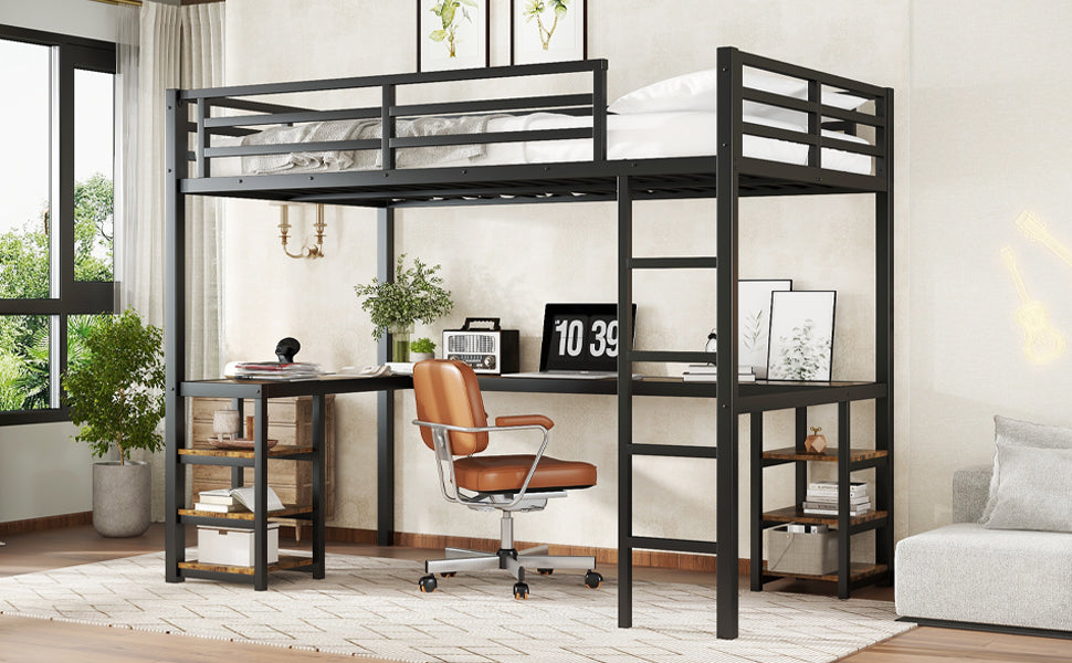 Uiowio Twin XL Metal Loft Bed with L-Shaped Desk Underneath & 6 Shelves & Storage, Space-Saving Bed Frame with Built-in Ladder & Safety Guardrail, for Teens