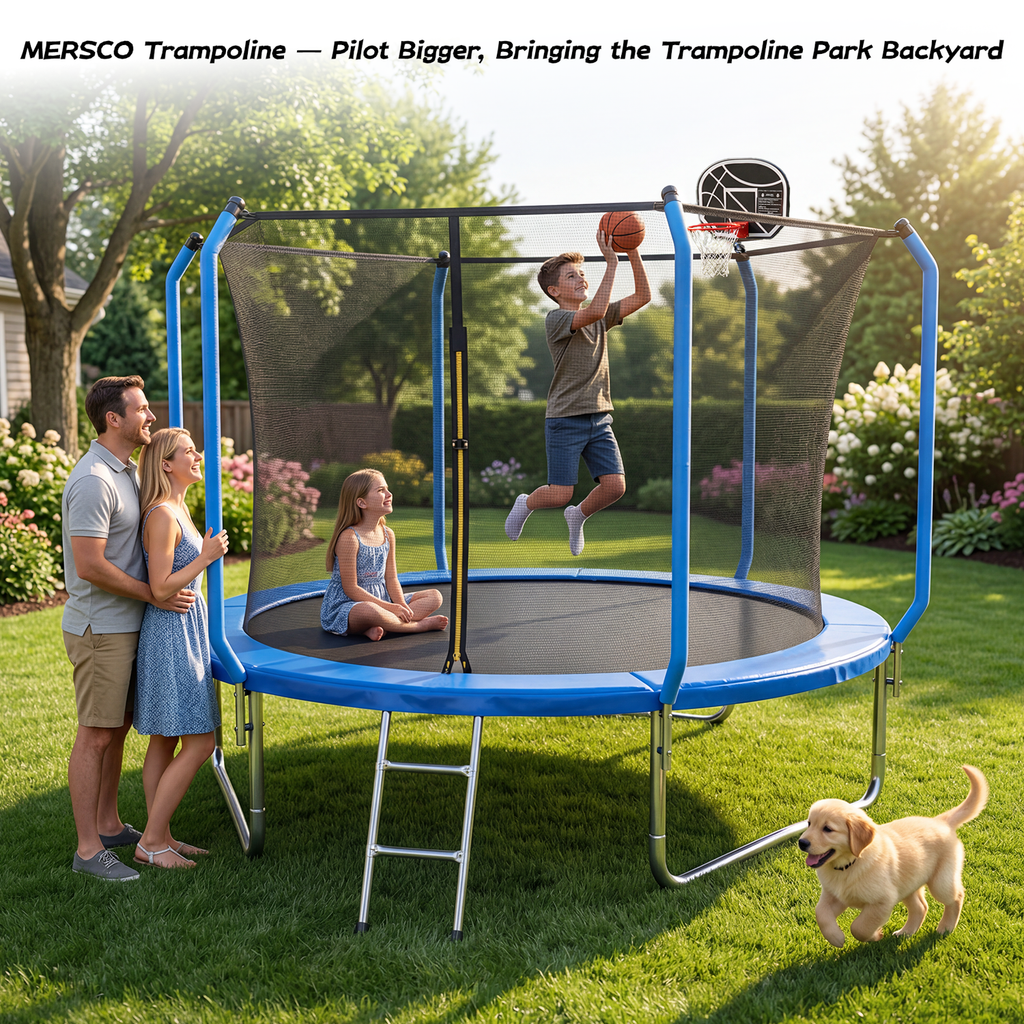 Mersco 8ft Trampoline for Kids and Adults,No-Gap Design Outdoor Trampoline with Basketball Hoop,Enclosure Net and Ladder,Jumping Trampoline SUPER for Boys and Girls Birthday Gift,Blue