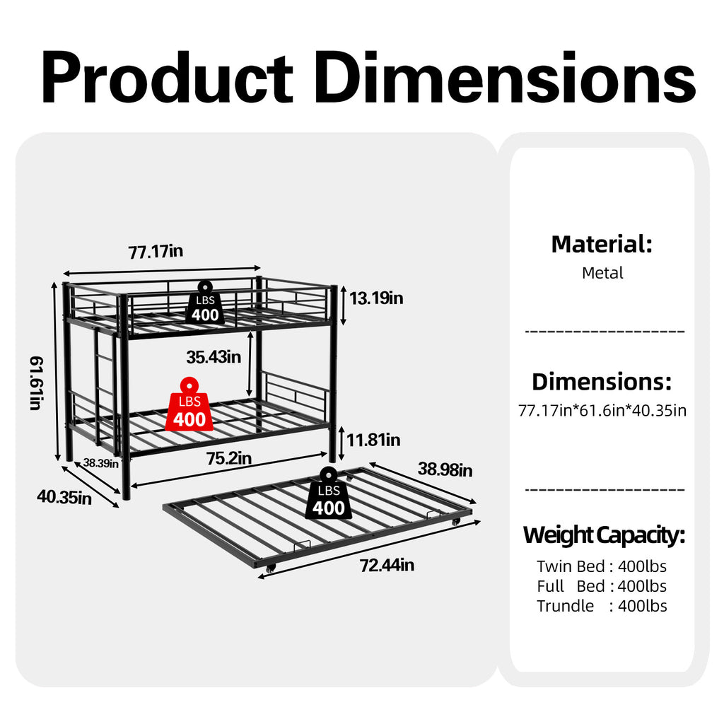 Kdymod Triple Bunk Bed Twin over Twin with Twin Trundle, Bunk Bed with Convertible 2-in-1 Design, Metal Bunk Bed Frame with Ladder & Safety Guardrail, Space-Saving for Teens and Adults, Black