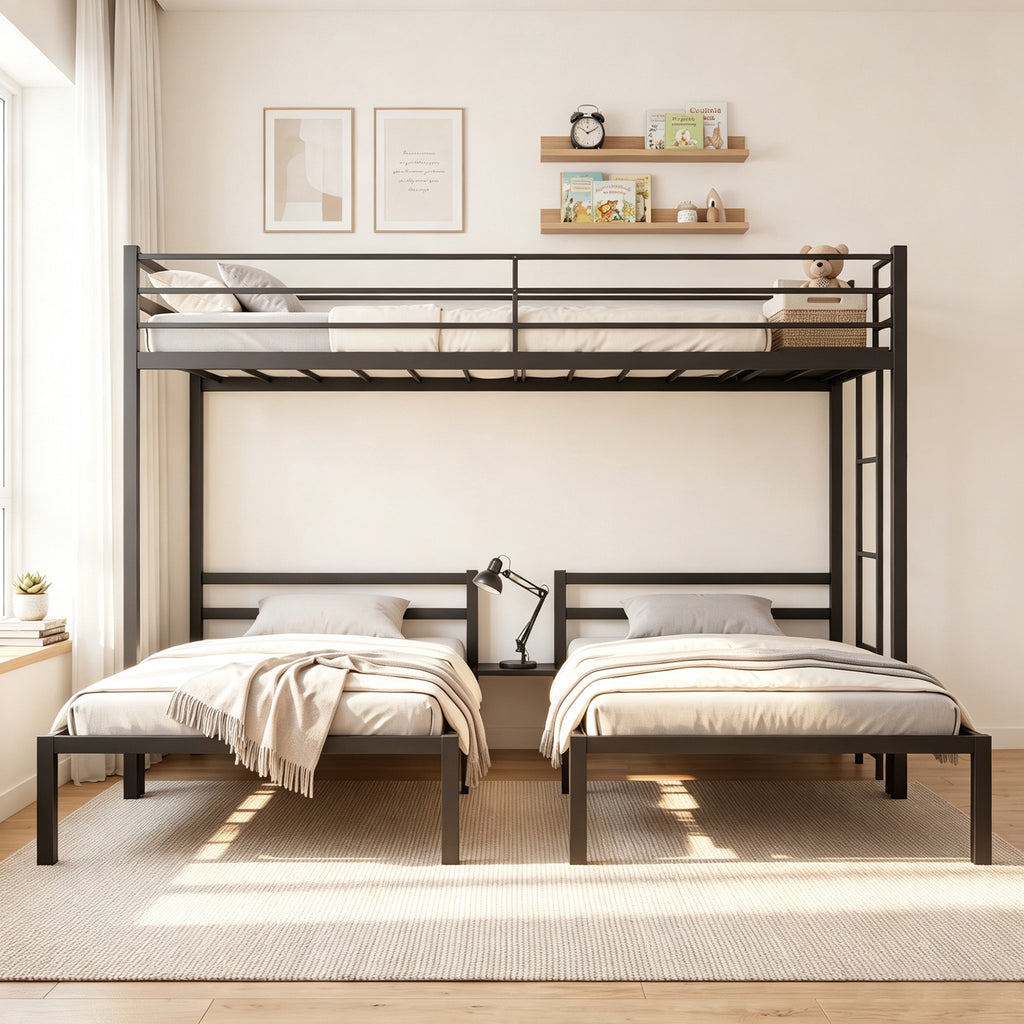 Netrum Triple Bunk Bed for Teens Adults,Heavy Duty Metal Bunk Beds Frame, with Ladder & Storage, Safe Guardrail, Twin over Twin over Twin Bunk Bed, No Box Spring Needed