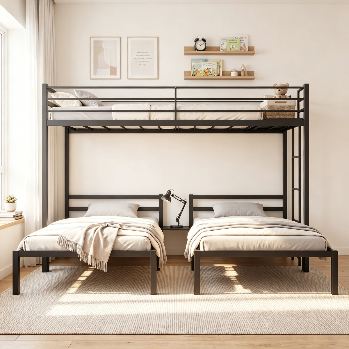 Netrum Triple Bunk Bed for Teens Adults,Heavy Duty Metal Bunk Beds Frame, with Ladder & Storage, Safe Guardrail, Twin over Twin over Twin Bunk Bed, No Box Spring Needed