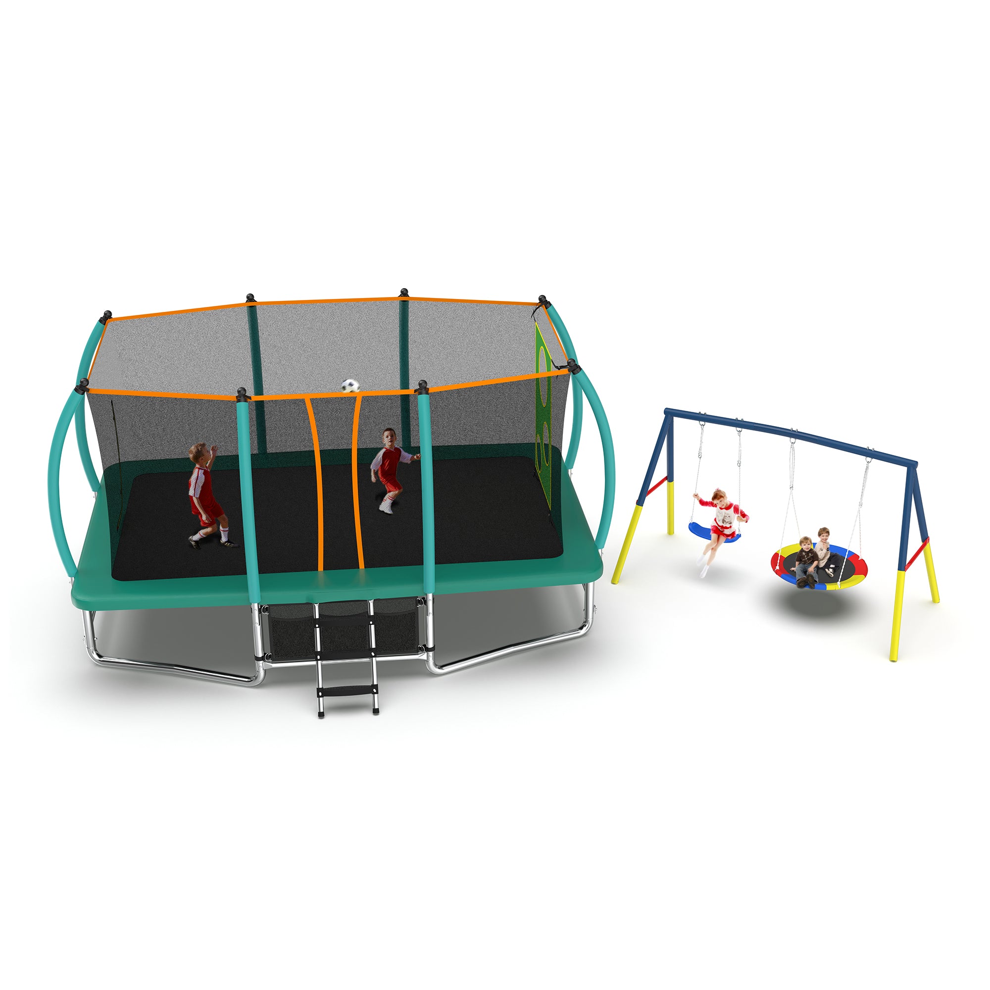 Mersco 10x16FT 4-in-1 Trampoline with Swing Set ,Enclosure Net, Recreational Trampoline, Outdoor Kids and Adults Trampoline for Backyard, Beach, Birthday Gifts ,Green